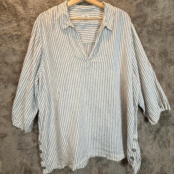 Sigrid Olsen Linen Blue White Stripe Tunic Top Popover Blouse Buttons 2X 2XL - Picture 2 of 9